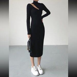 Asymmetrical Cutout Mock Neck Knit Midi Dress
